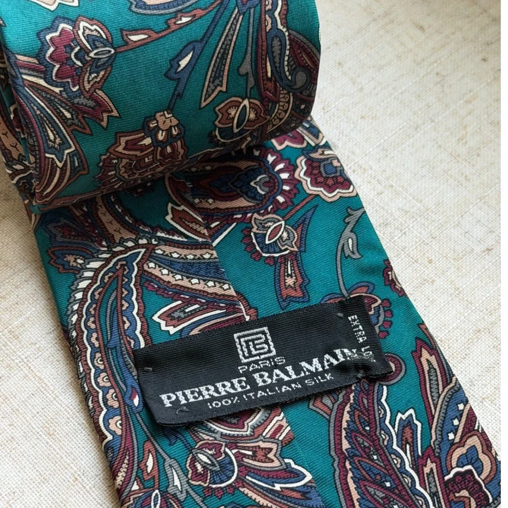 Vintage Pierre Balmain Paris Silk Tie Teal Green Paisley Italian Silk 0357
